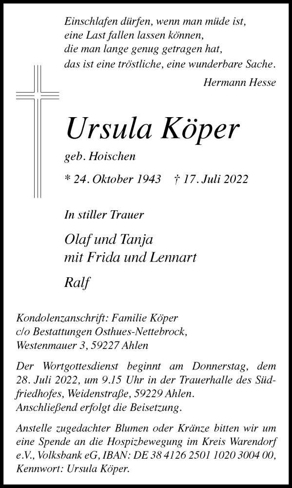  Traueranzeige für Ursula Köper vom 23.07.2022 aus Die Glocke