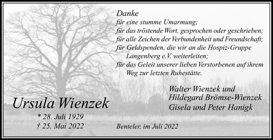 Traueranzeige von Ursula Wienzek von Die Glocke