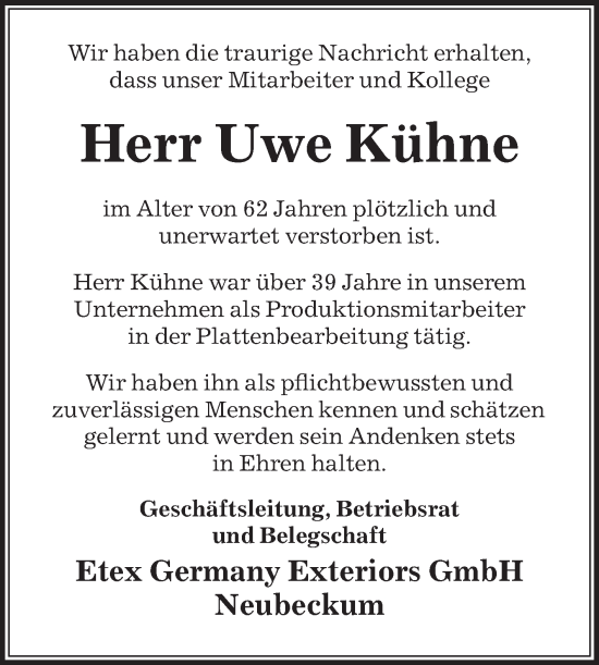 Traueranzeige von Uwe Kühne von Die Glocke