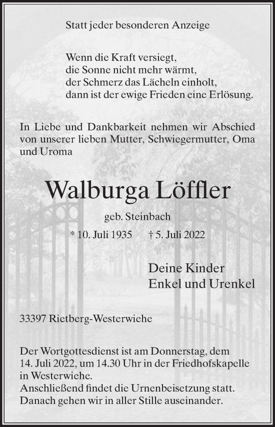 Traueranzeige von Walburga Löffler von Die Glocke