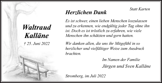 Traueranzeige von Waltraud Kalläne von Die Glocke