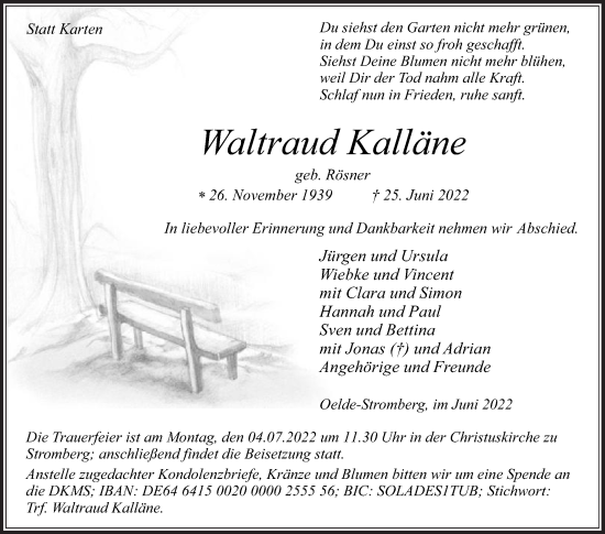 Traueranzeige von Waltraud Kalläne von Die Glocke