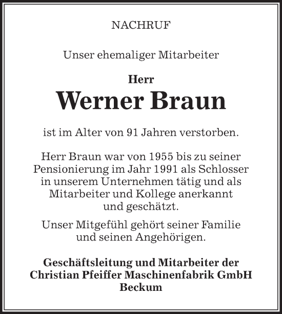 Traueranzeige von Werner Braun von Die Glocke