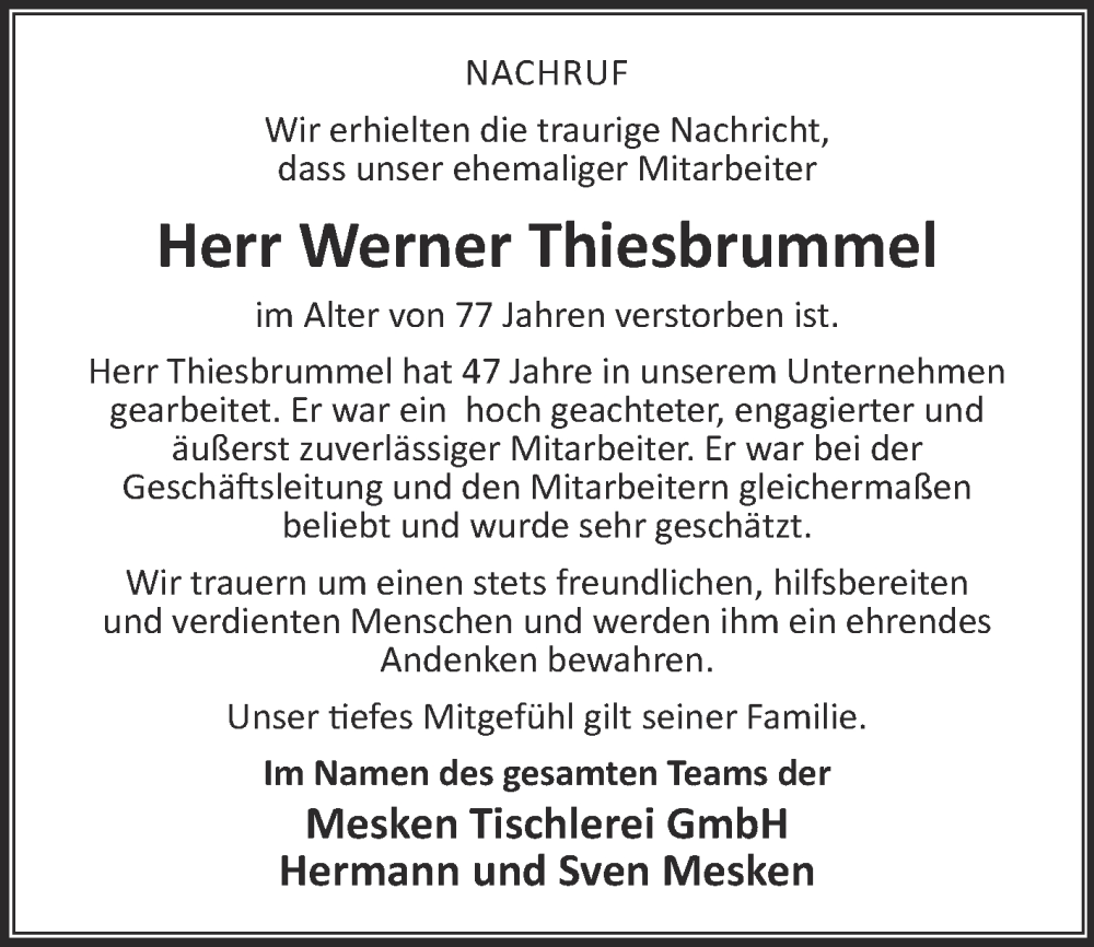  Traueranzeige für Werner Thiesbrummel vom 02.07.2022 aus Die Glocke