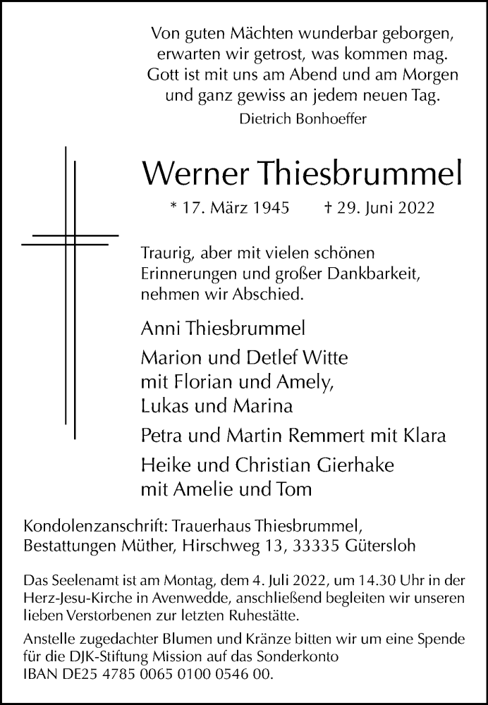  Traueranzeige für Werner Thiesbrummel vom 01.07.2022 aus Die Glocke