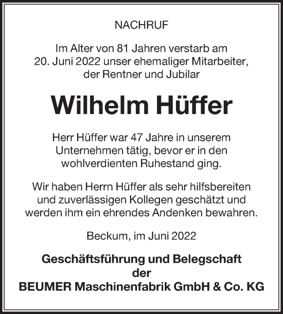 Traueranzeige von Wilhelm Hüffer von Die Glocke
