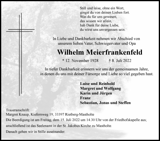 Traueranzeige von Wilhelm Meierfrankenfeld von Die Glocke