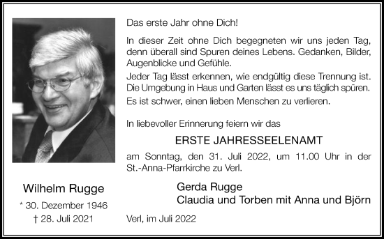 Traueranzeige von Wilhelm Rugge von Die Glocke