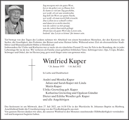 Traueranzeige von Winfried Kuper von Die Glocke
