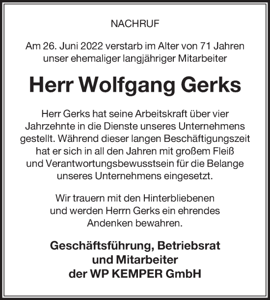 Traueranzeige von Wolfgang Gerks von Die Glocke