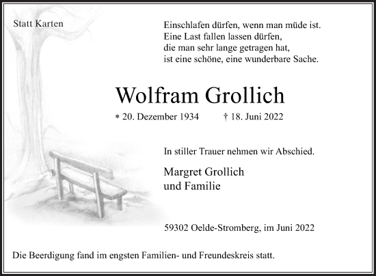 Traueranzeige von Wolfram Grollich von Die Glocke