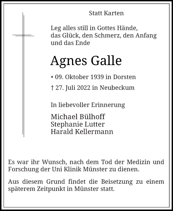 Traueranzeige von Agnes Galle von Die Glocke