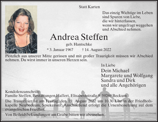 Traueranzeige von Andrea Steffen von Die Glocke