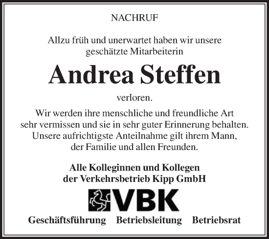 Traueranzeige von Andrea Steffen von Die Glocke