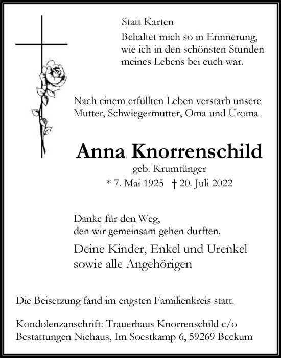 Traueranzeige von Anna Knorrenschild von Die Glocke