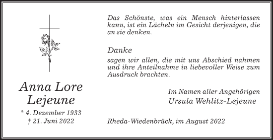 Traueranzeige von Anna Lore Lejeune von Die Glocke