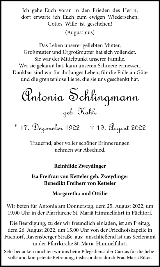 Traueranzeige von Antonia Schlingmann von Die Glocke