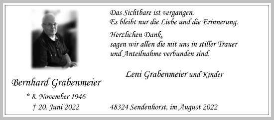 Traueranzeige von Bernhard Grabenmeier von Die Glocke