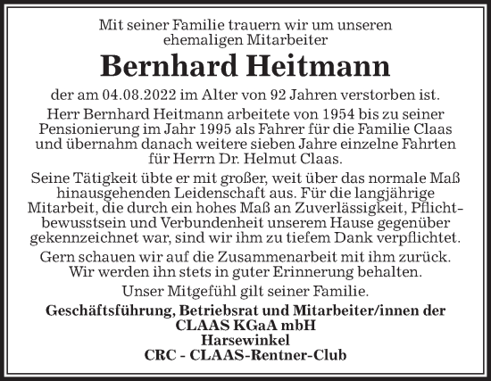 Traueranzeige von Bernhard Heitmann von Die Glocke