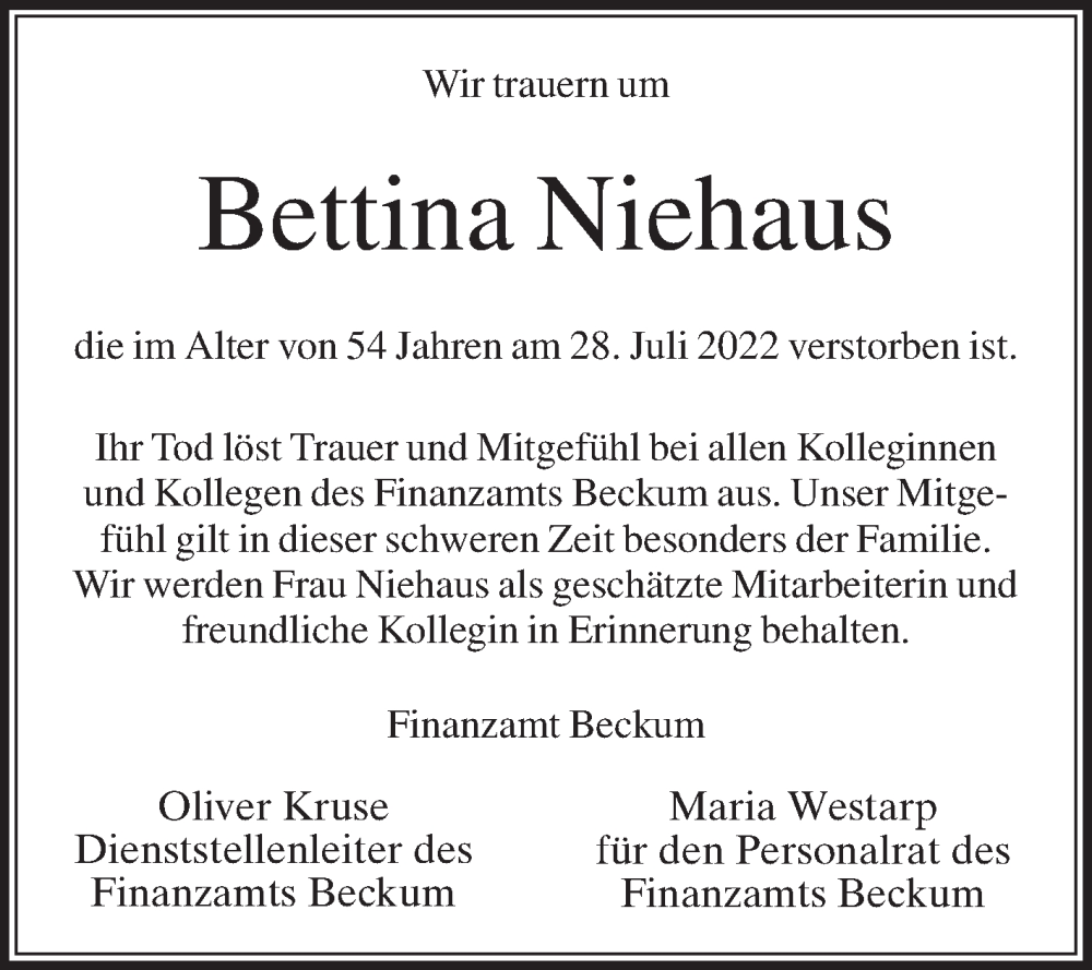  Traueranzeige für Bettina Niehaus vom 13.08.2022 aus Die Glocke