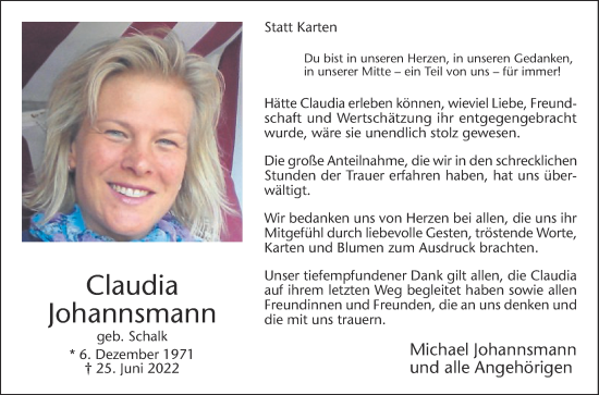 Traueranzeige von Claudia Johannsmann von Die Glocke
