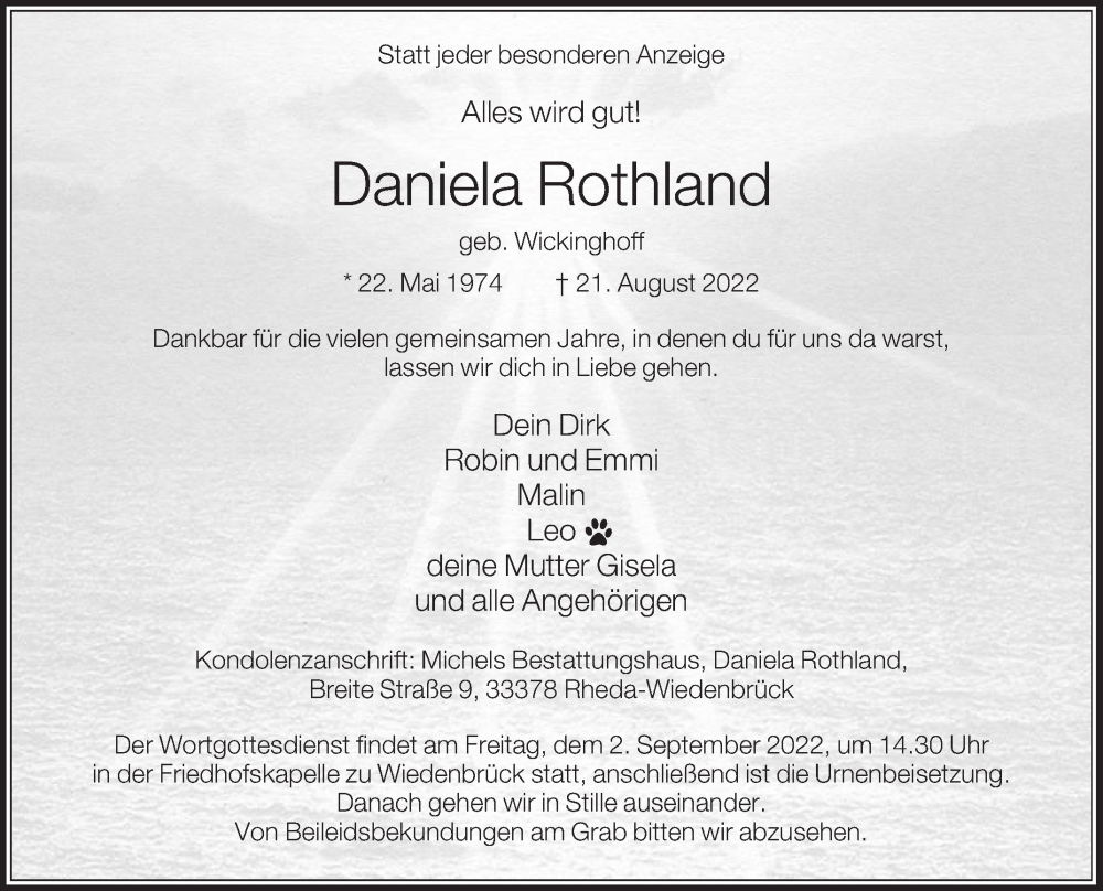 Traueranzeige für Daniela Rothland vom 30.08.2022 aus Die Glocke