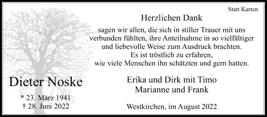 Traueranzeige von Dieter Noske von Die Glocke