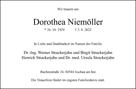 Traueranzeige von Dorothea Niemöller von Die Glocke