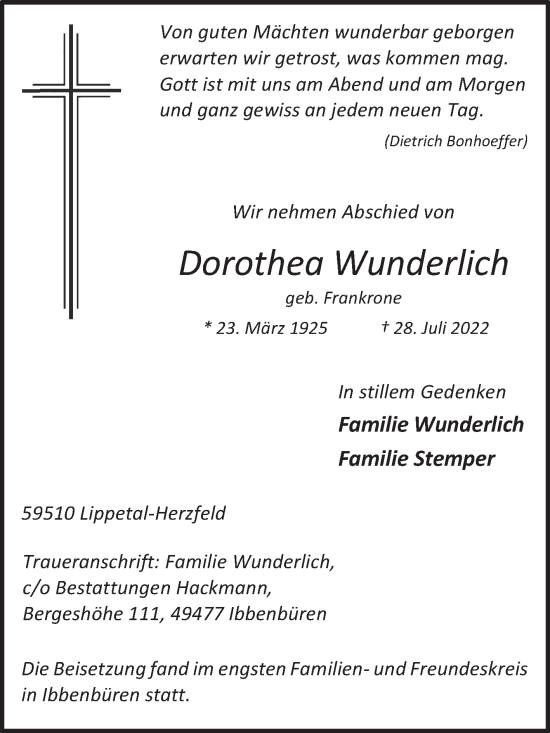 Traueranzeige von Dorothea Wunderlich von Die Glocke