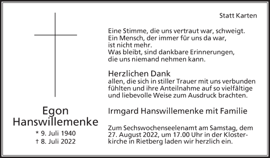Traueranzeige von Egon Hanswillemenke von Die Glocke