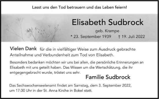 Traueranzeige von Elisabeth Sudbrock von Die Glocke