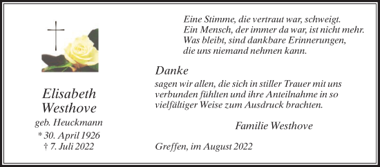 Traueranzeige von Elisabeth Westhove von Die Glocke