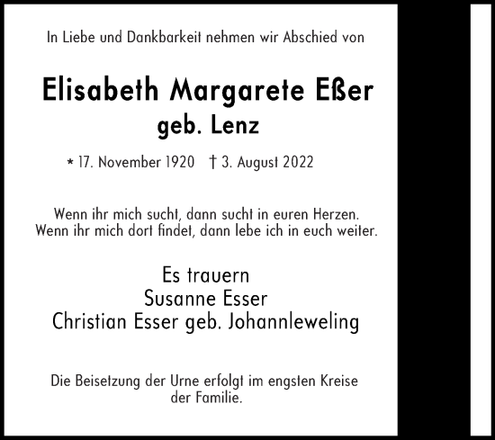 Traueranzeige von Elisabeth Margarete Eßer von Die Glocke
