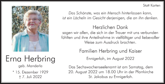 Traueranzeige von Erna Herbring von Die Glocke