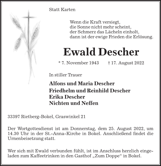 Traueranzeige von Ewald Descher von Die Glocke