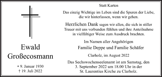 Traueranzeige von Ewald Großecosmann von Die Glocke
