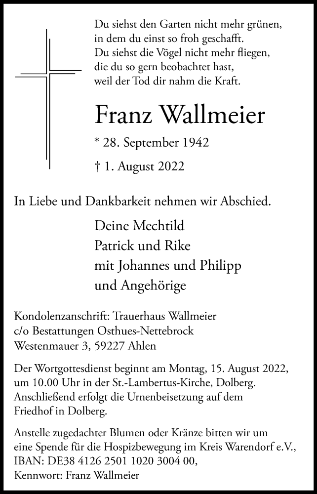  Traueranzeige für Franz Wallmeier vom 10.08.2022 aus Die Glocke