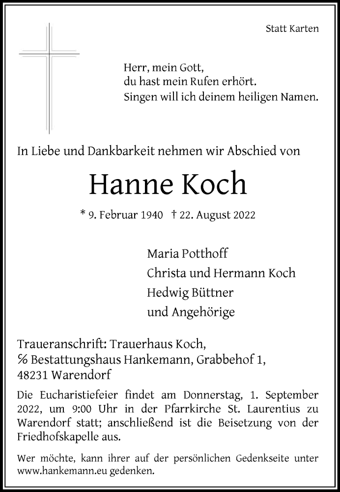 Traueranzeige für Hanne Koch vom 27.08.2022 aus Die Glocke