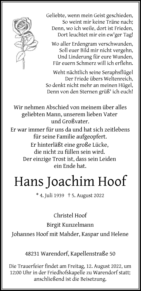 Traueranzeige von Hans Joachim Hoof von Die Glocke