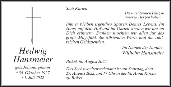 Traueranzeige von Hedwig Hansmeier von Die Glocke