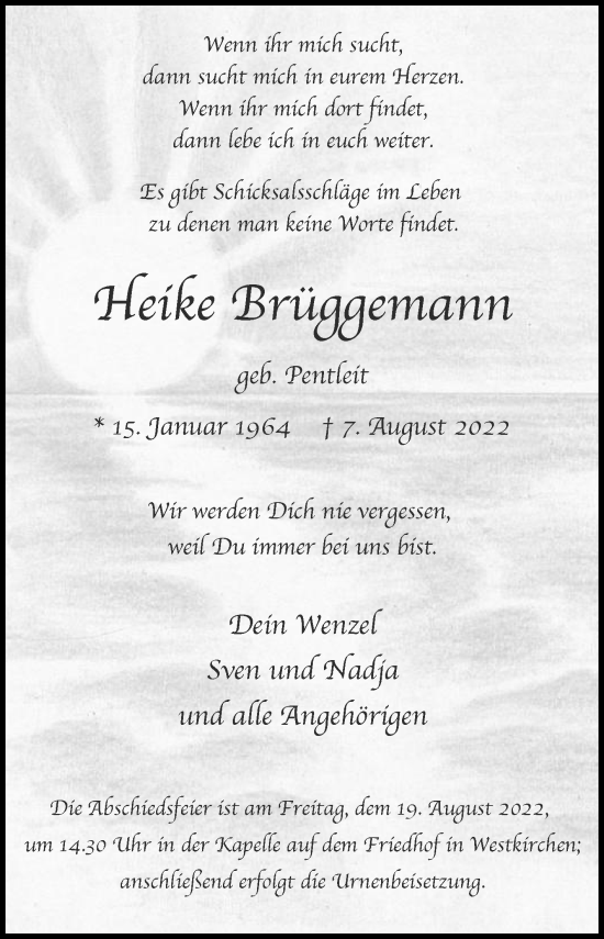 Traueranzeige von Heike Brüggemann von Die Glocke