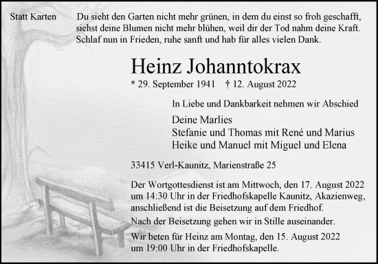 Traueranzeige von Heinz Johanntokrax von Die Glocke