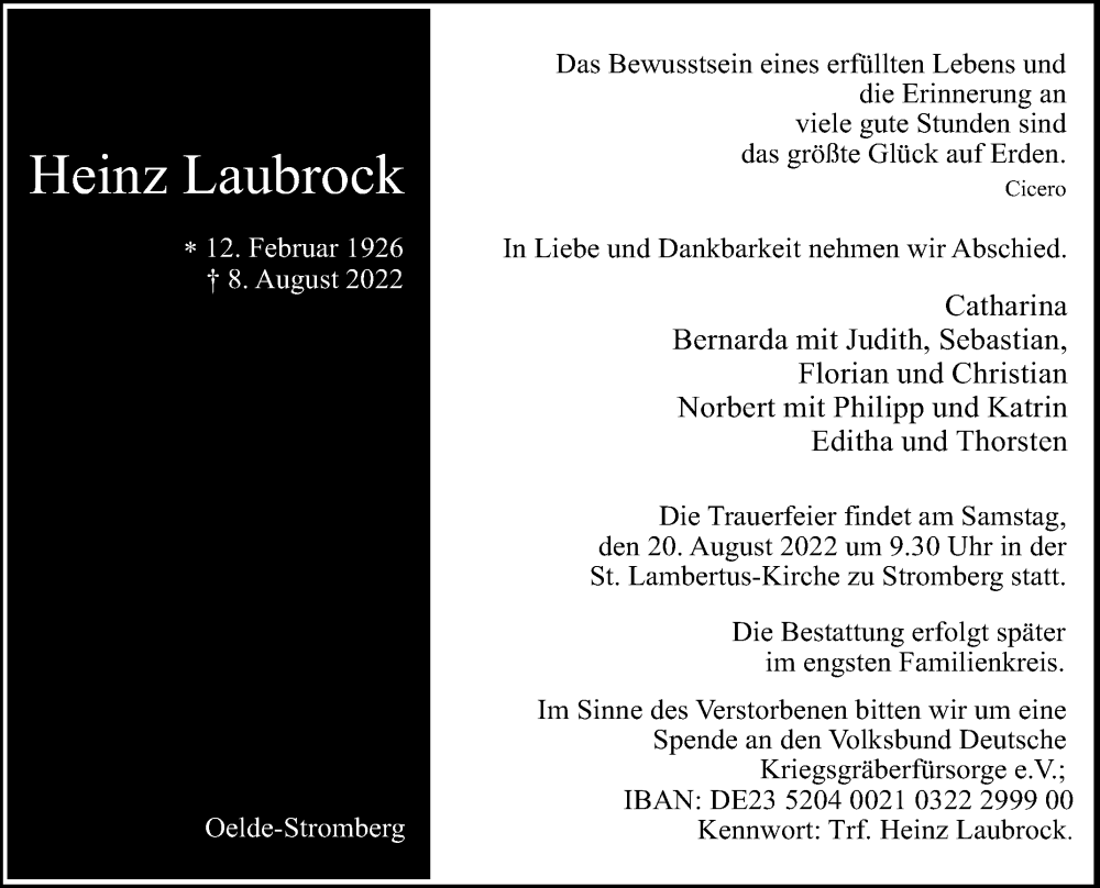  Traueranzeige für Heinz Laubrock vom 17.08.2022 aus Die Glocke