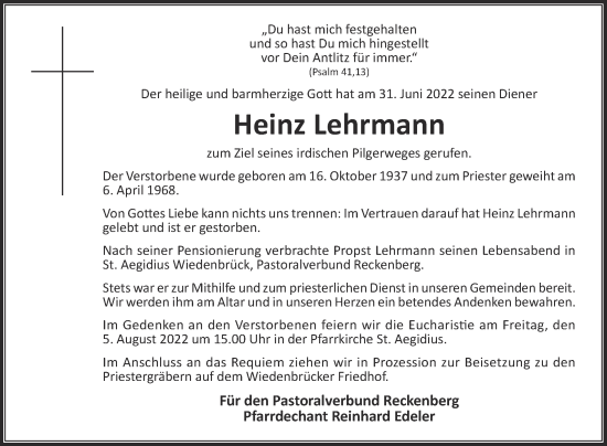 Traueranzeige von Heinz Lehrmann von Die Glocke