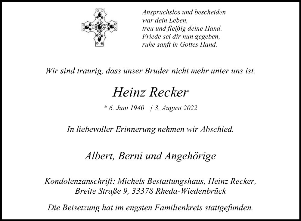  Traueranzeige für Heinz Recker vom 17.08.2022 aus Die Glocke