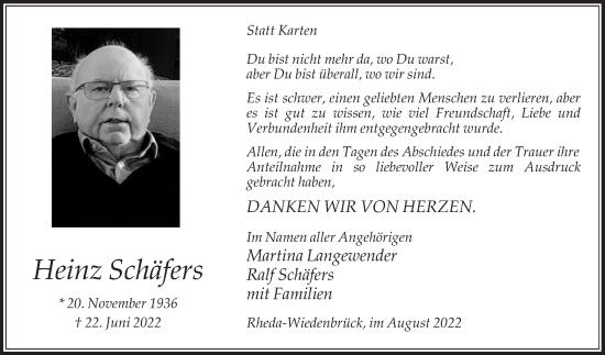 Traueranzeige von Heinz Schäfers von Die Glocke