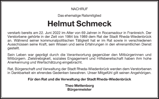 Traueranzeige von Helmut Schmeck von Die Glocke