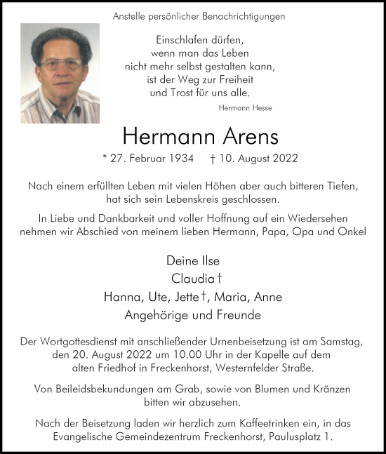 Traueranzeige von Hermann Arens von Die Glocke