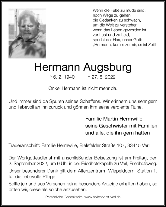 Traueranzeige von Hermann Augsburg von Die Glocke