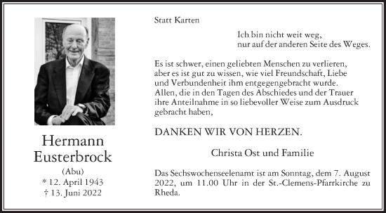 Traueranzeige von Hermann Eusterbrock von Die Glocke